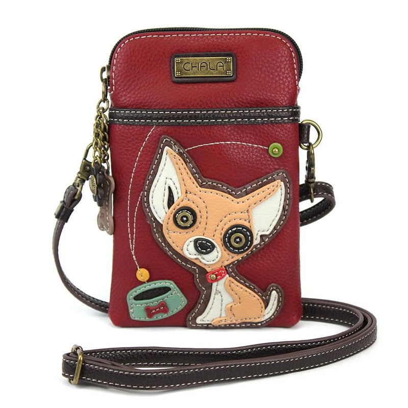 CHALA Dog Collection Cell Phone Crossbody Purse-Women PU Leather/Canvas Multicolor Handbag with Adjustable Strap - Chihuahua - burgundy - Image 1